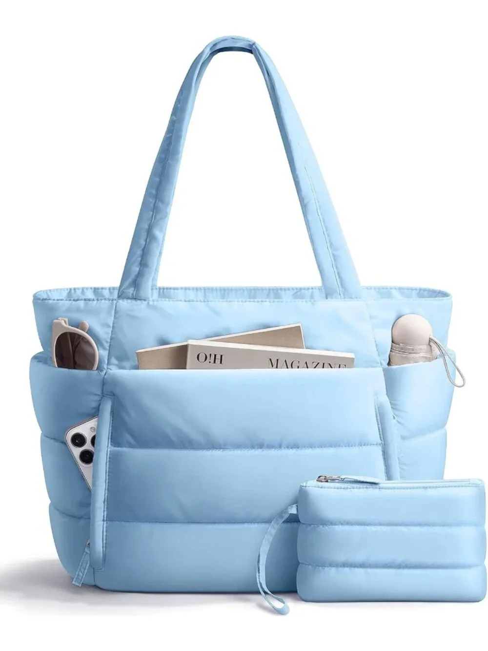 👜Women's Denim Blue Puffer Tote Bag 16 Pockets Work Gym Travel Laptop Handbag